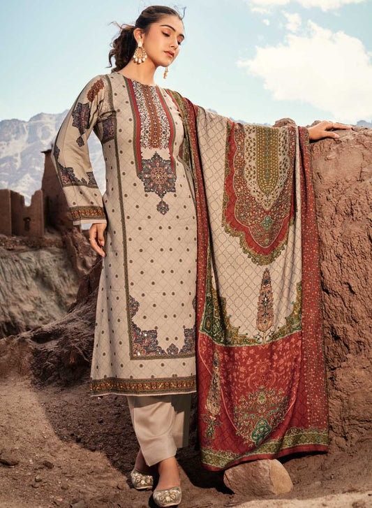 Light Grey Pashmina Unstitched Winter Suit Dress Material with Handwork