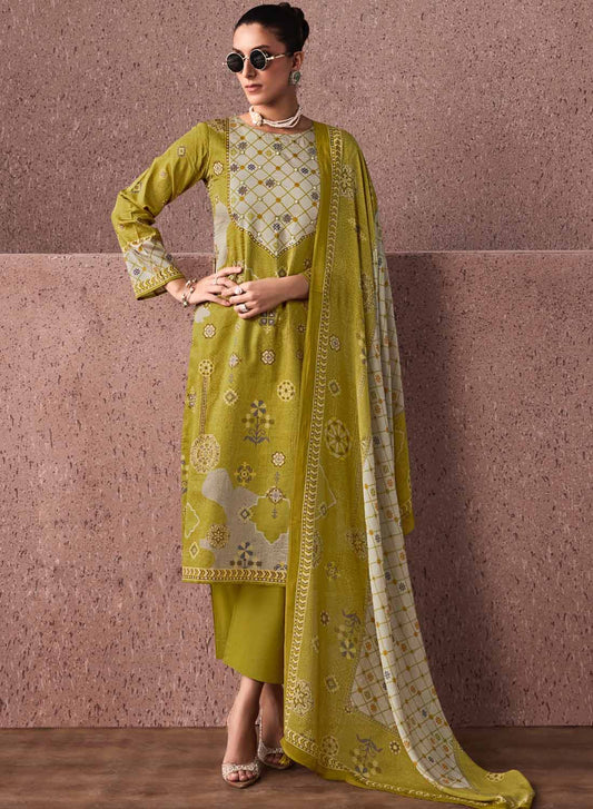 Green Unstitched Cotton Salwar Suit Dress Material with Muslin Dupatta