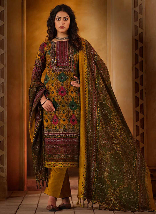 Belliza Unstitched Yellow Winter Woollen Suit Dress Material for Women