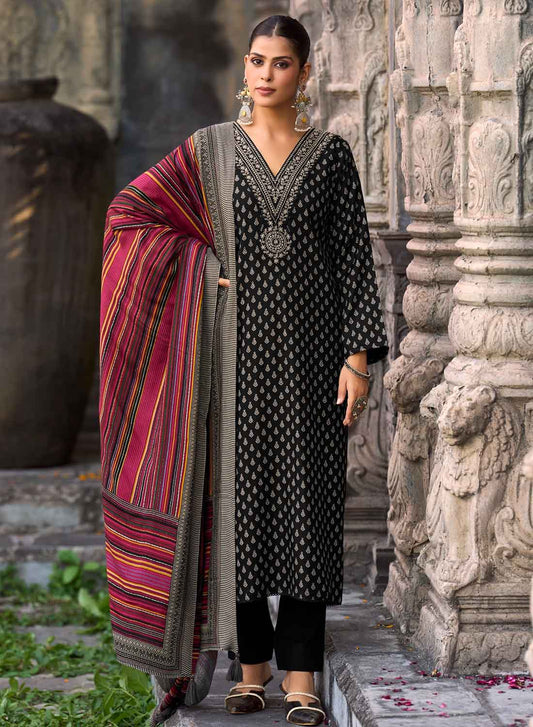 Black Party Wear Pashmina Unstitched Winter Salwar Suit Dress Material
