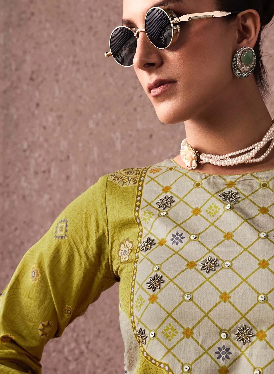 Green Unstitched Cotton Salwar Suit Dress Material with Muslin Dupatta