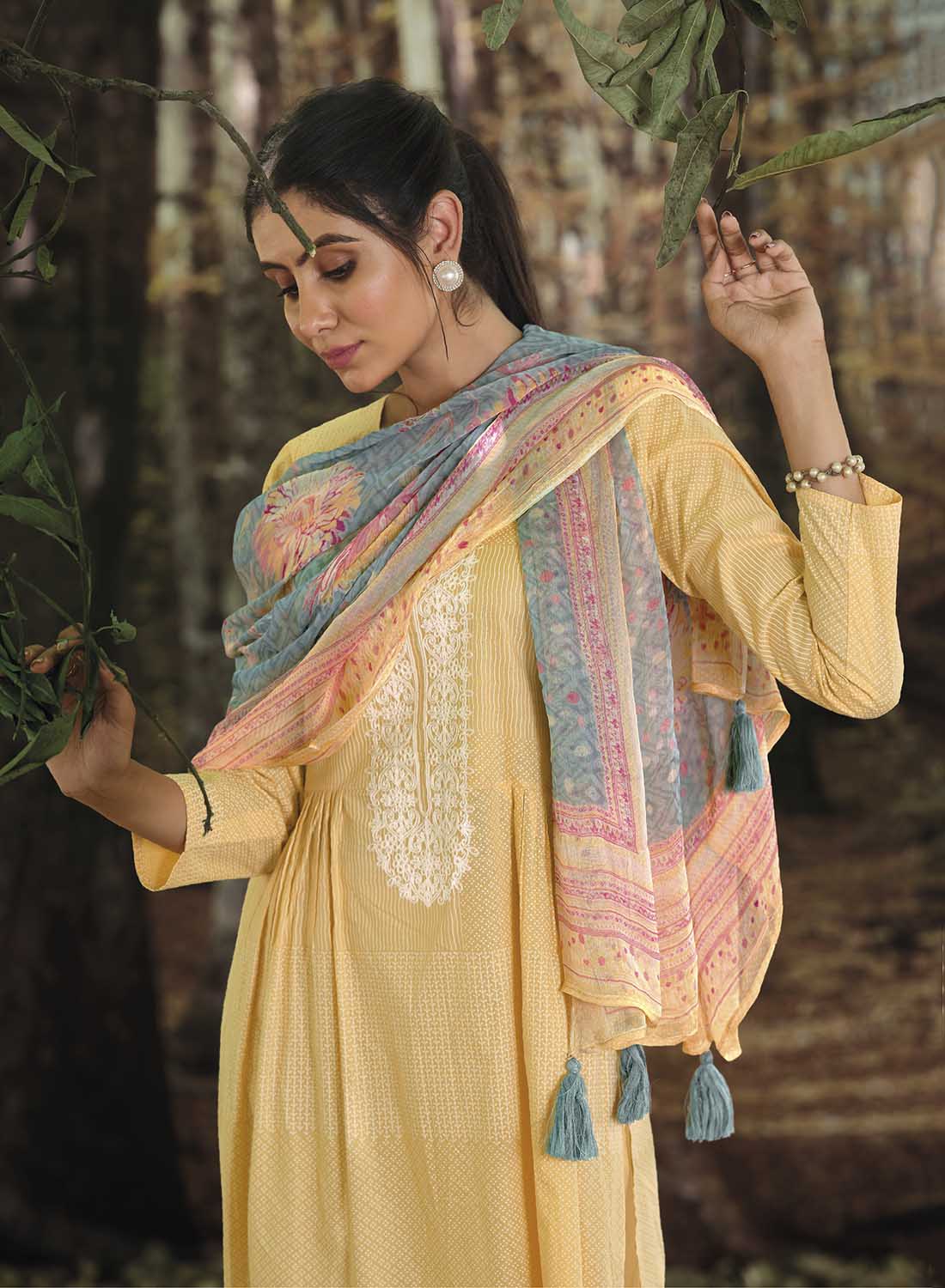 Light Yellow Unstitched Lawn Cotton Suit Dress Material with Embroidery