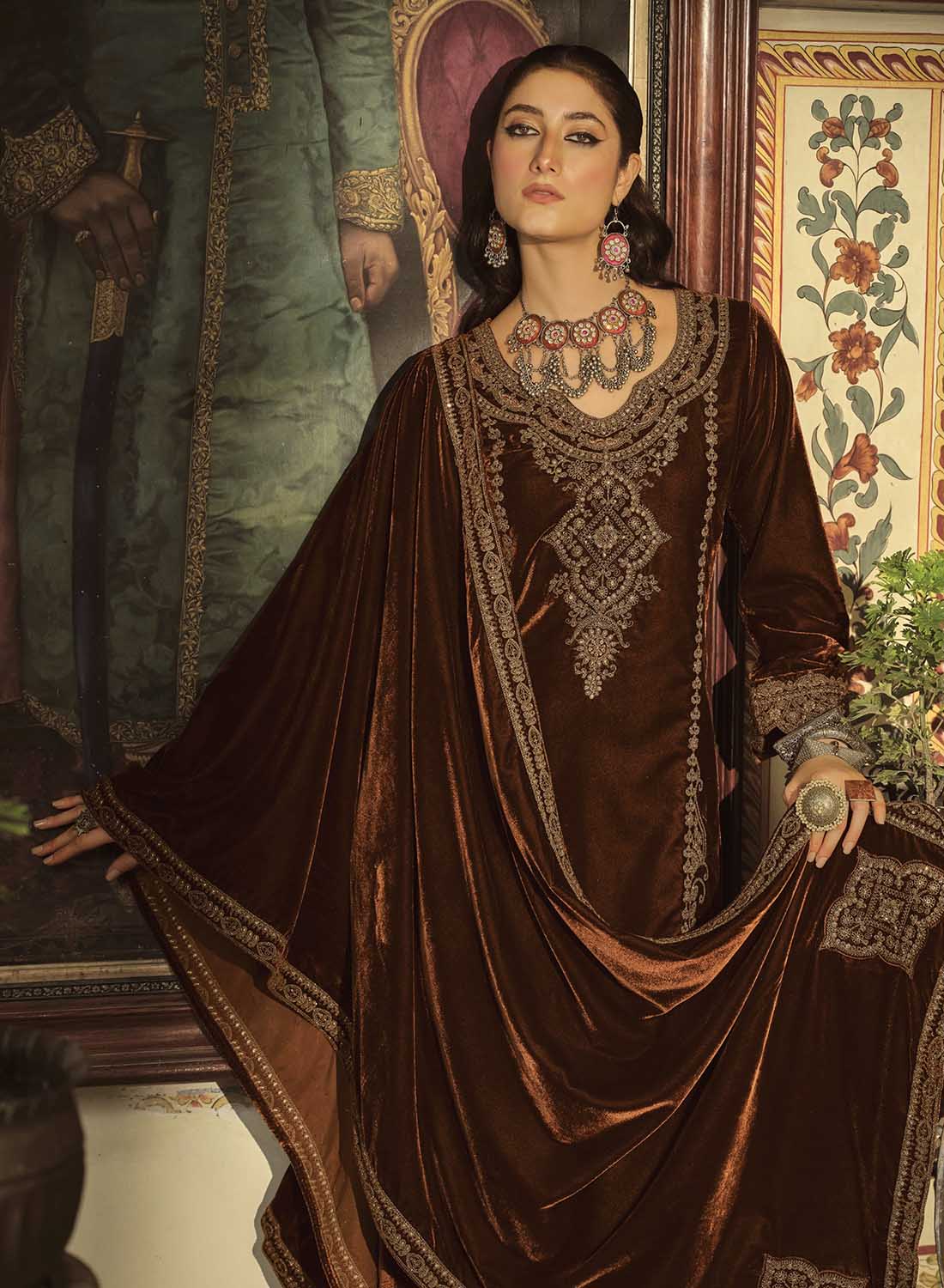 Party Wear Pakistani Unstitched Velvet Suit Dress Material with Embroidery