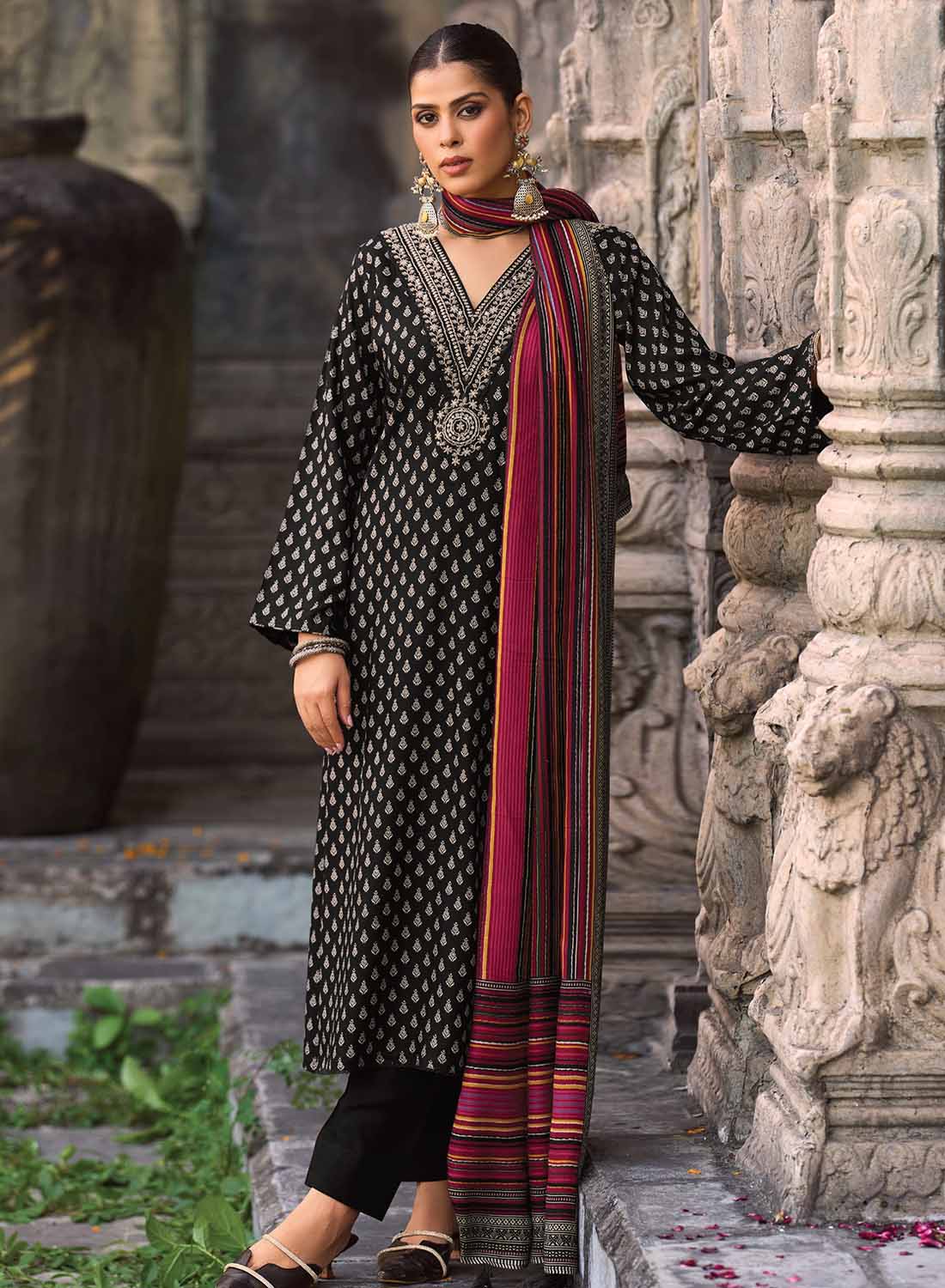 Black Party Wear Pashmina Unstitched Winter Salwar Suit Dress Material