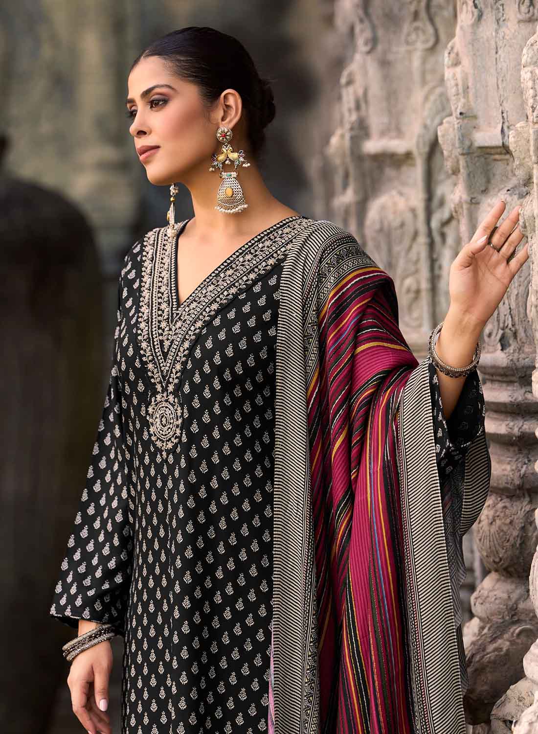 Black Party Wear Pashmina Unstitched Winter Salwar Suit Dress Material