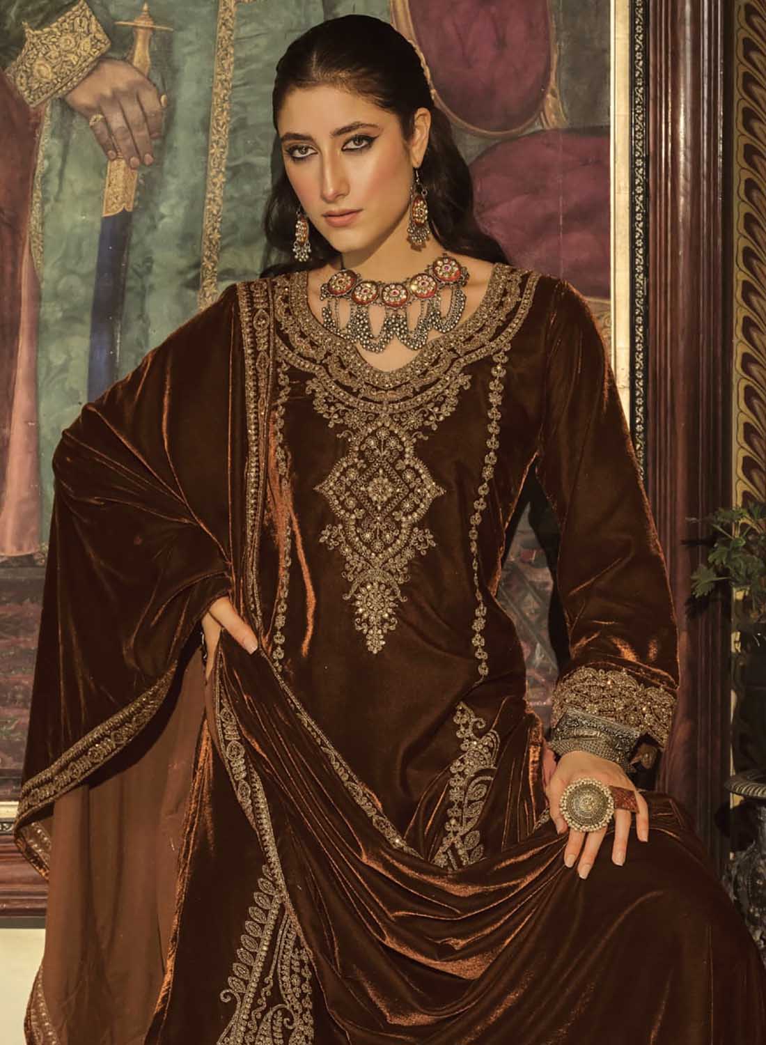 Party Wear Pakistani Unstitched Velvet Suit Dress Material with Embroidery