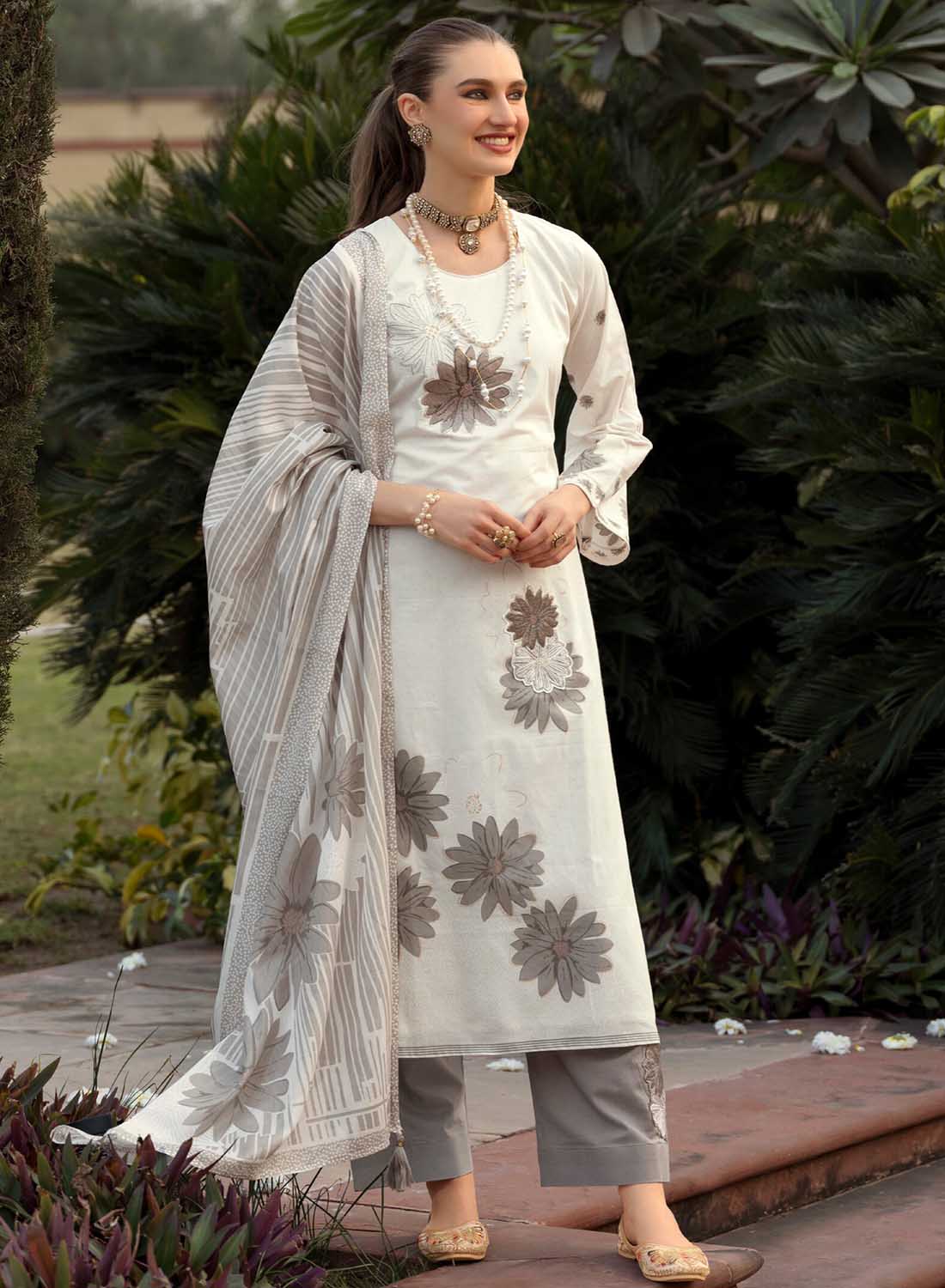 Elegant Off-White Pure Lawn Cotton Embroidered Unstitched Suit for Women