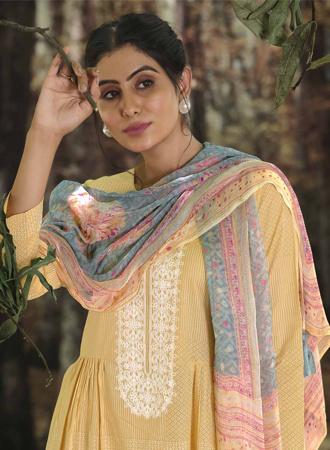 Light Yellow Unstitched Lawn Cotton Suit Dress Material with Embroidery