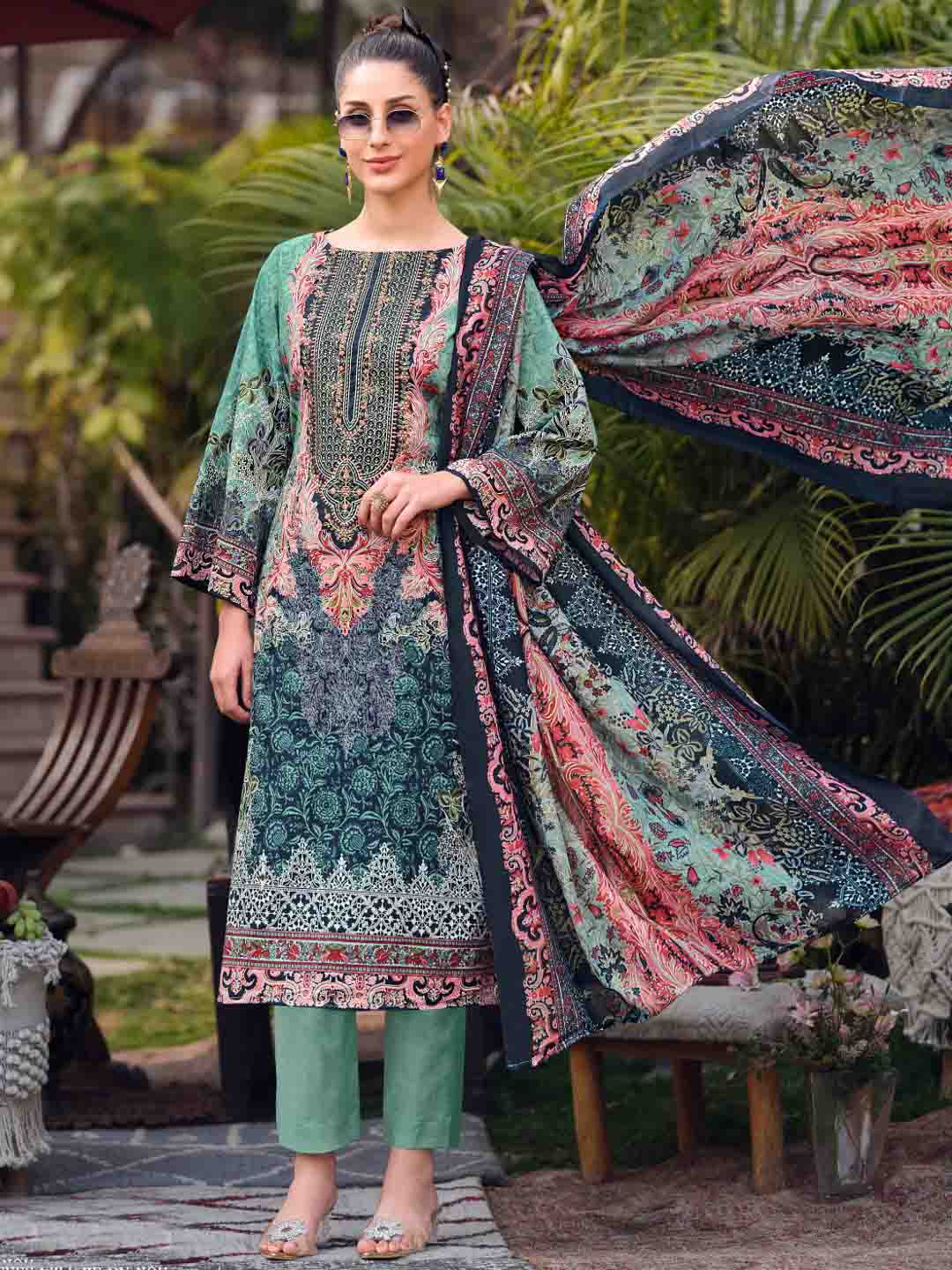 Green Pakistani Print Unstitched Pure Cotton Suit Dress Material