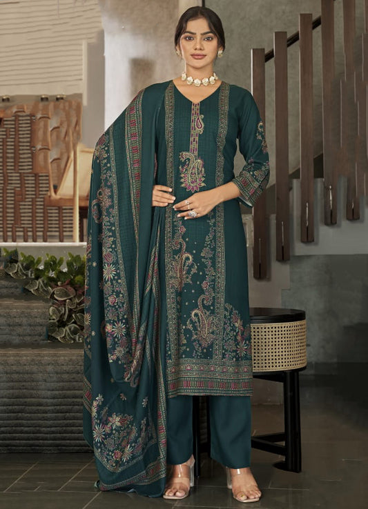 Viscose Pashmina Unstitched Winter Salwar Suit Material with Neck Embroidery