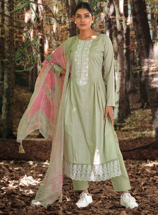 Women Unstitched Lawn Cotton Suit Dress Material with Chiffon Dupatta