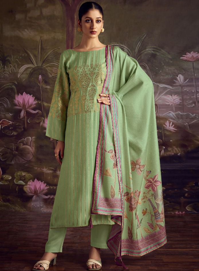 Party Wear Green Soft Silk Unstitched Salwar Suit Dress Material for Women