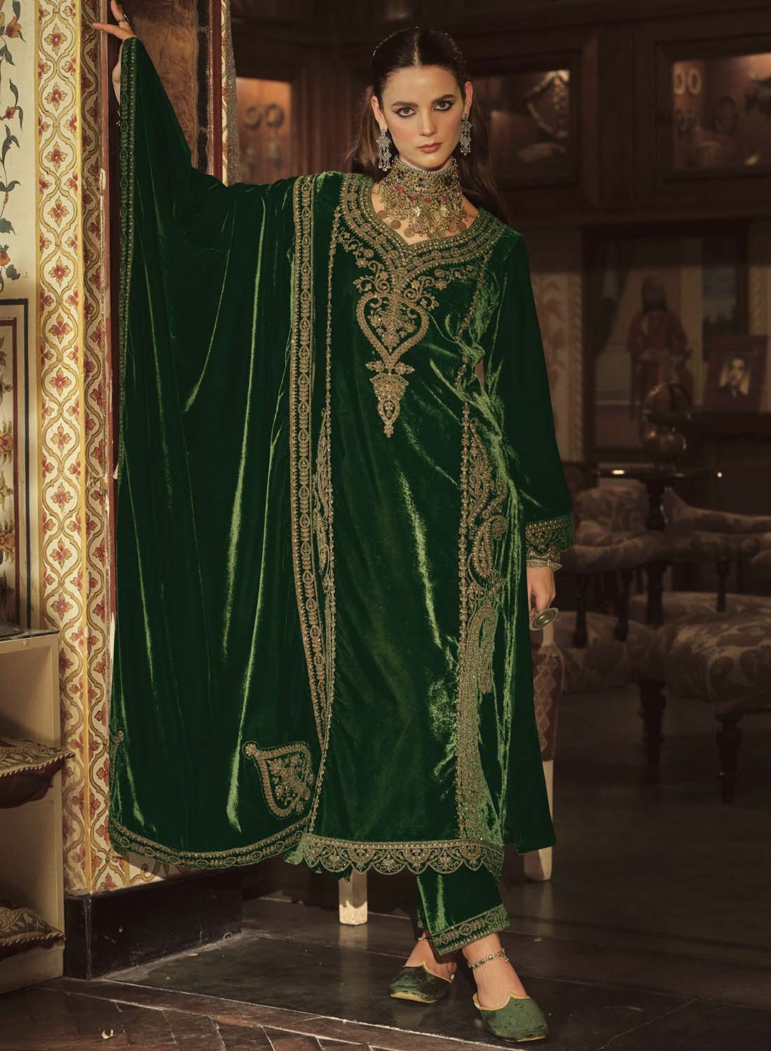 Green Party Wear Pakistani Unstitched Velvet Suit Dress Material
