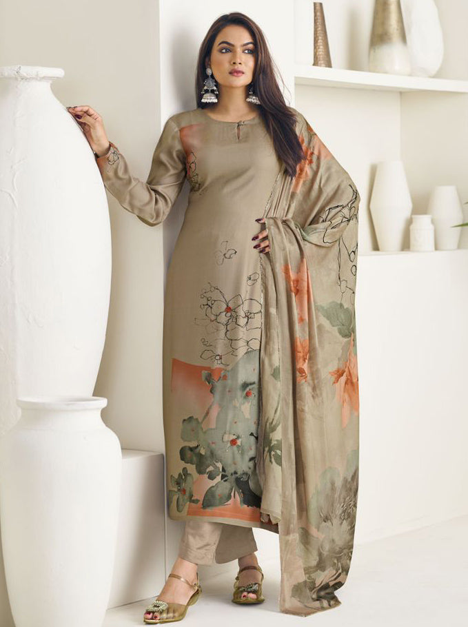 Brown Pashmina Unstitched Winter Suit Dress Material for Women