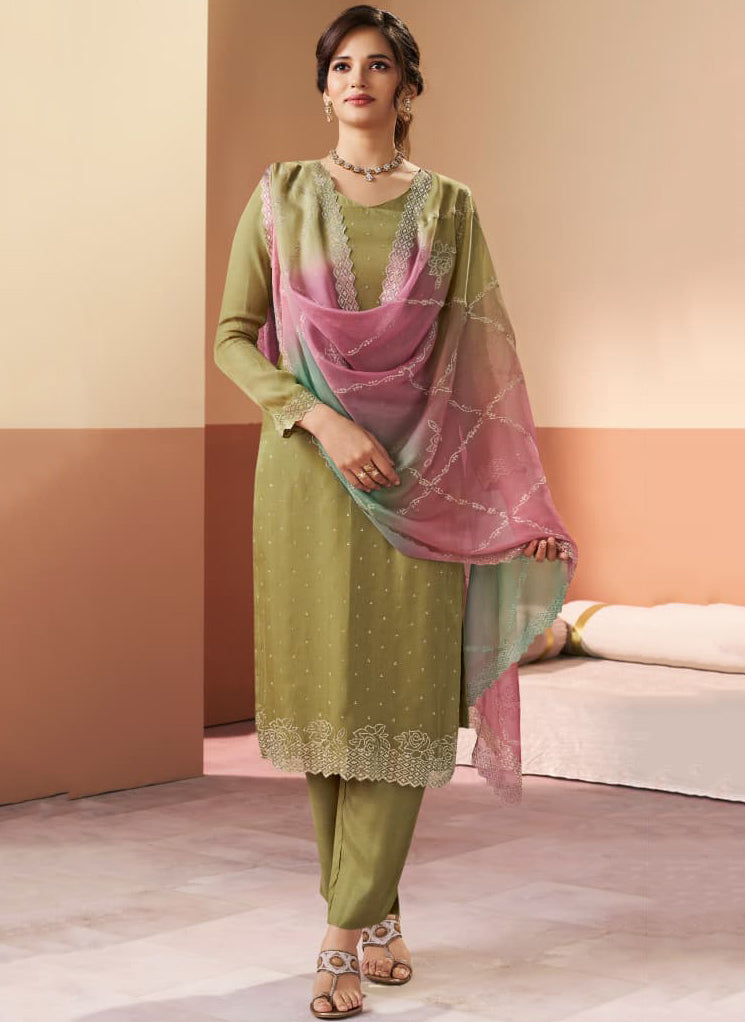 Party Wear Glitter Silk Unstitched Salwar Suit Material for Women