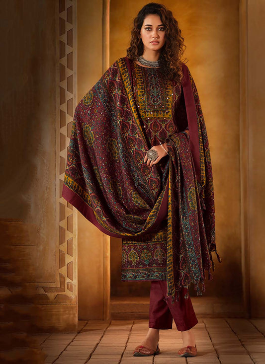 Belliza Unstitched Maroon Winter Woollen Suit Dress Material for Women
