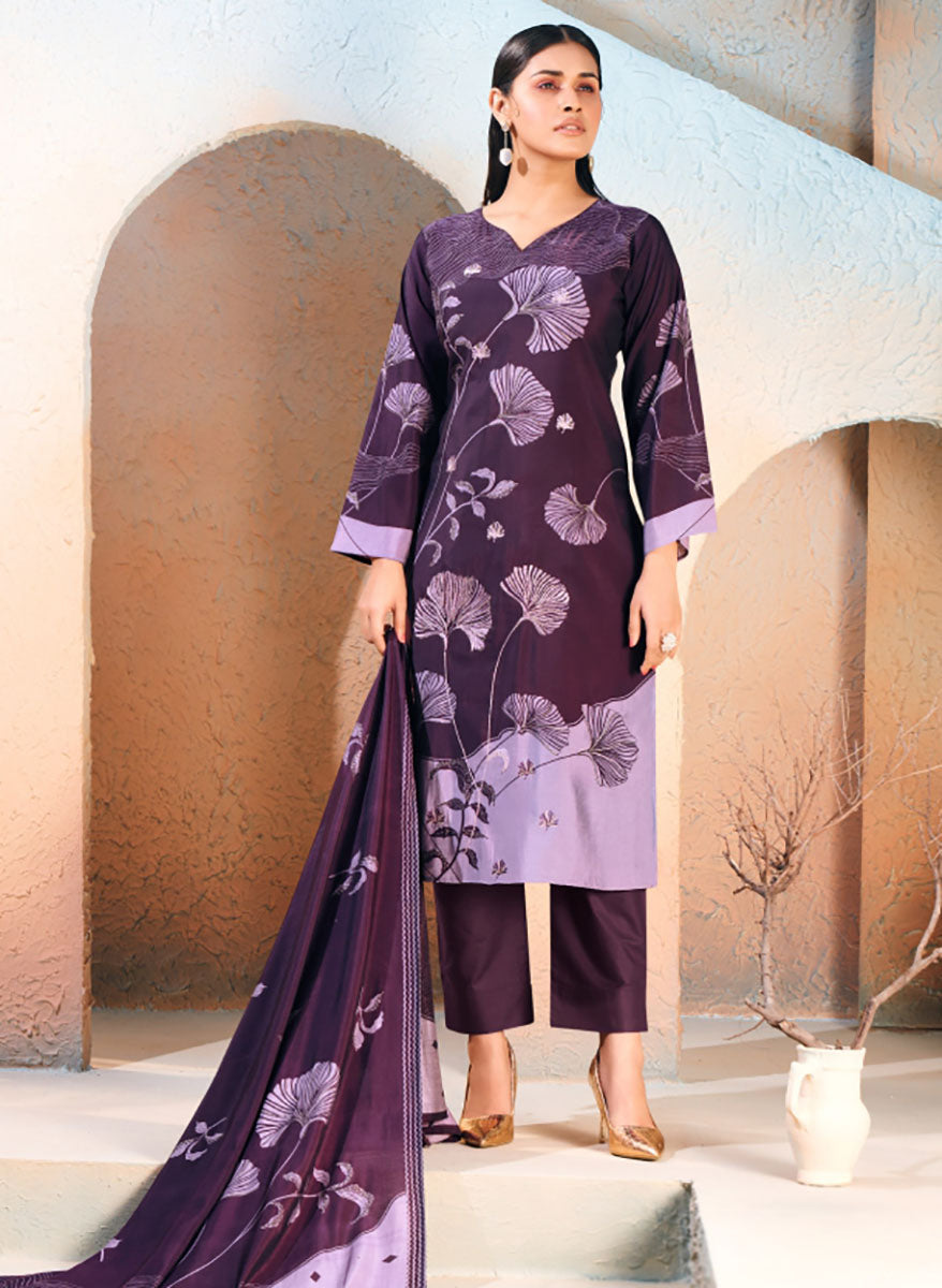 Mumtaz Arts Women's Printed Purple Unstitched Muslin Salwar Suit Fabric Mumtaz Arts