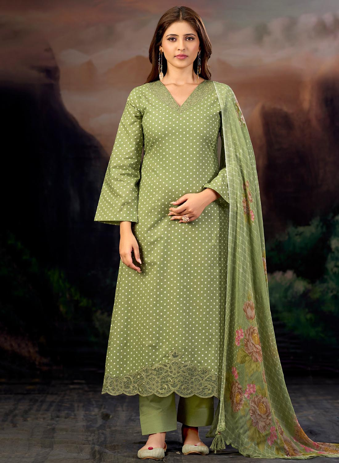 Green Pure Lawn Cotton Unstitched Suit with Embroidery for Women