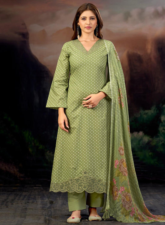Green Pure Lawn Cotton Unstitched Suit with Embroidery for Women