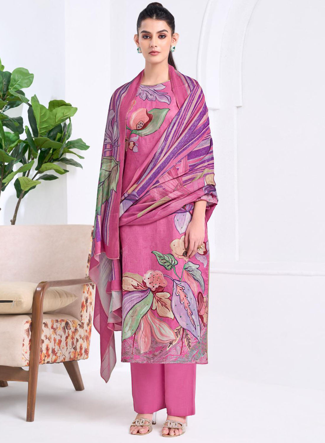 Pink Cotton Satin Printed Unstitched Salwar Suit Material with Dupatta