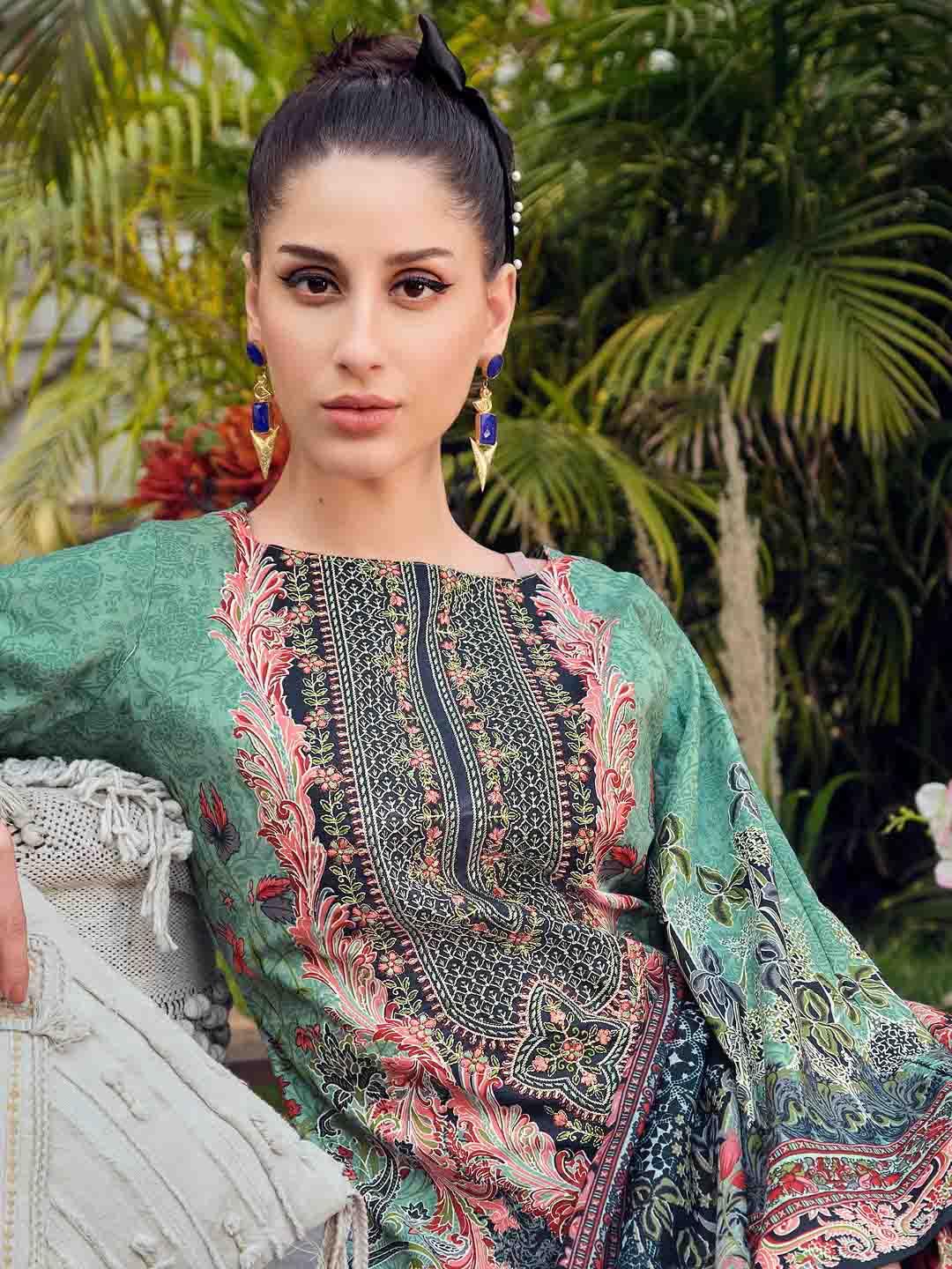 Green Pakistani Print Unstitched Pure Cotton Suit Dress Material