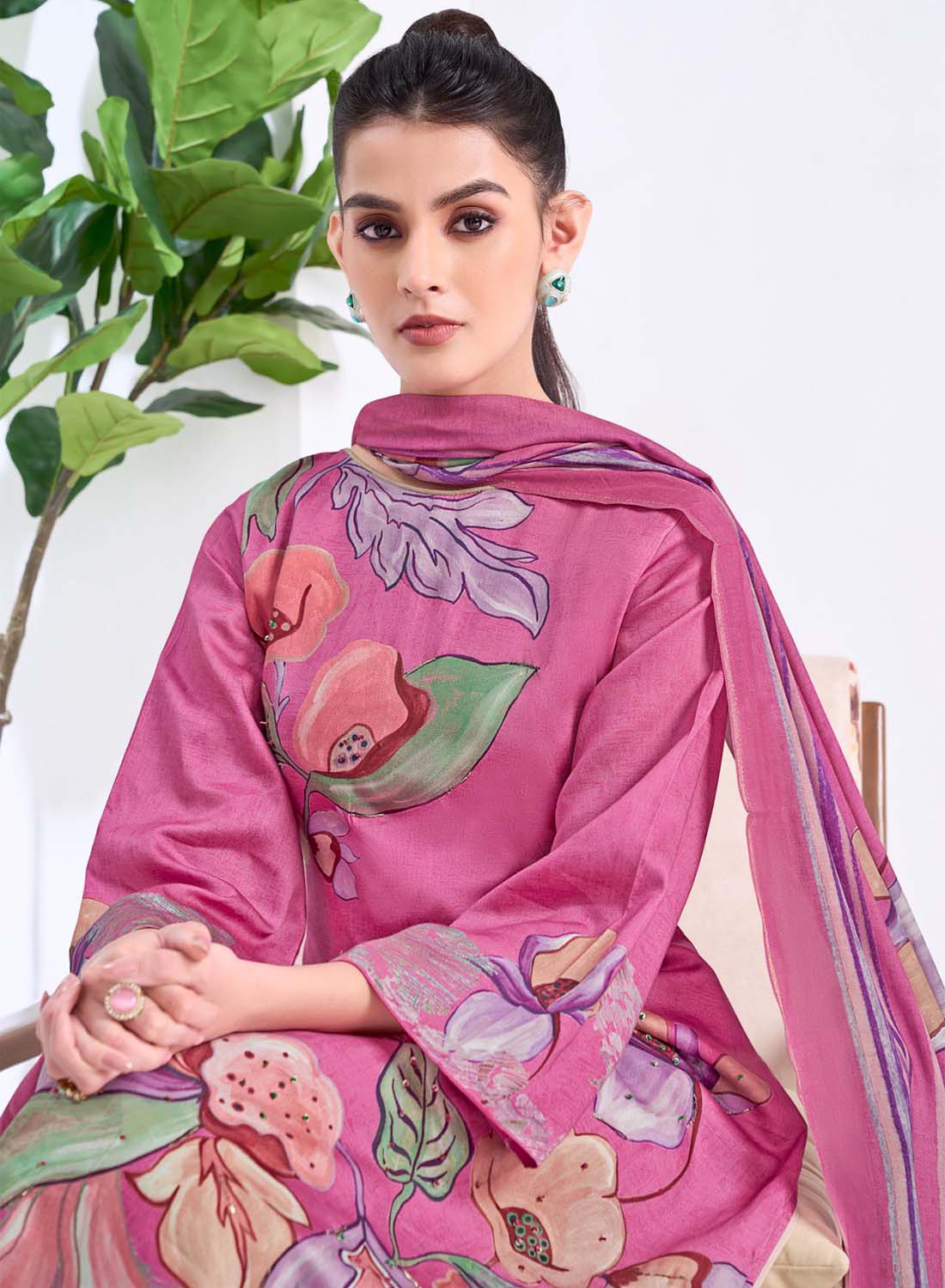 Pink Cotton Satin Printed Unstitched Salwar Suit Material with Dupatta