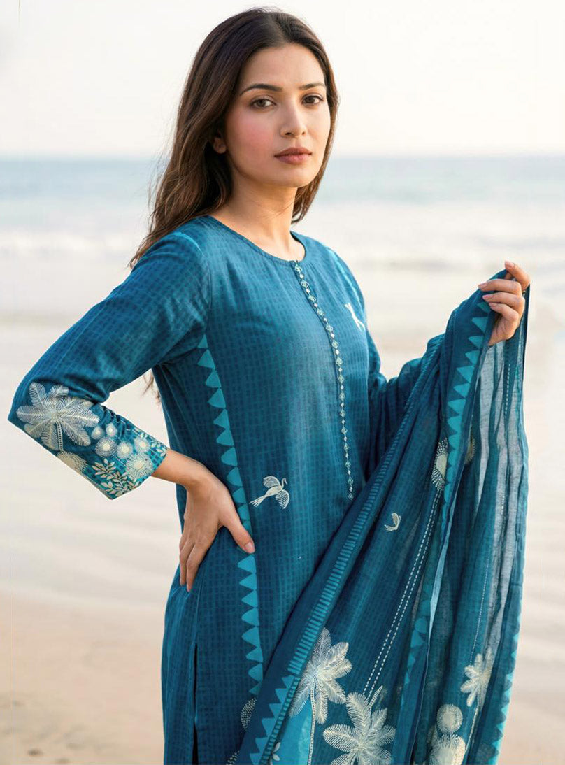Pure Cotton Lawn Printed Teal Unstitched Salwar Suit for Women