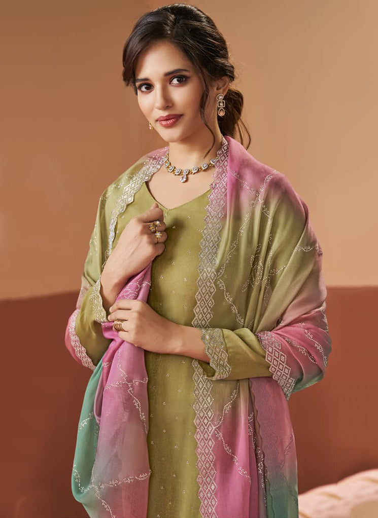 Party Wear Glitter Silk Unstitched Salwar Suit Material for Women