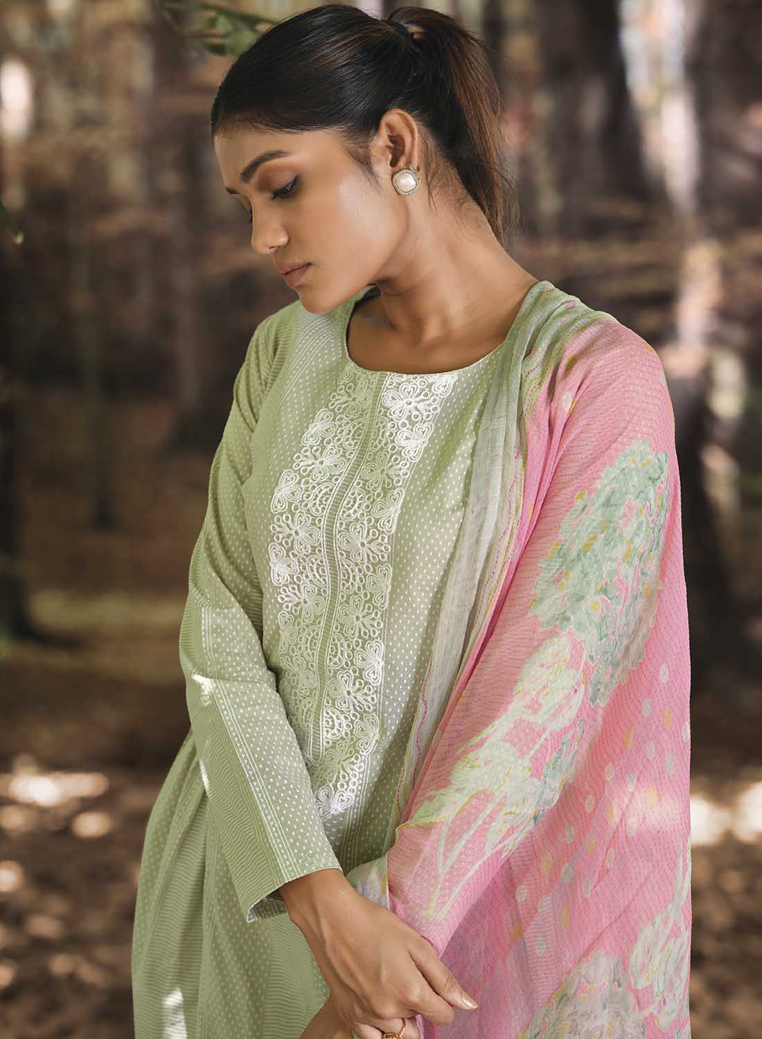 Women Unstitched Lawn Cotton Suit Dress Material with Chiffon Dupatta