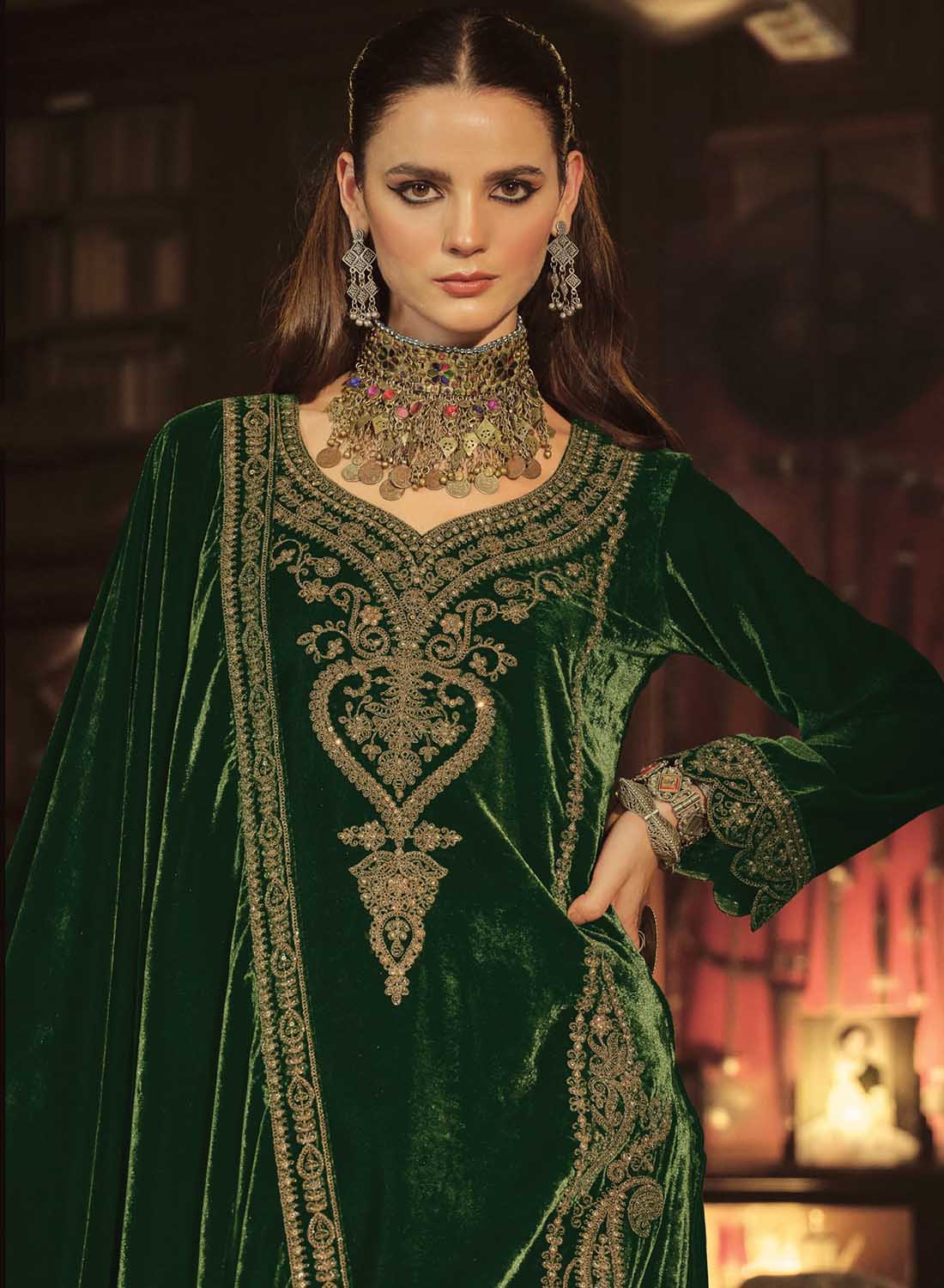 Green Party Wear Pakistani Unstitched Velvet Suit Dress Material