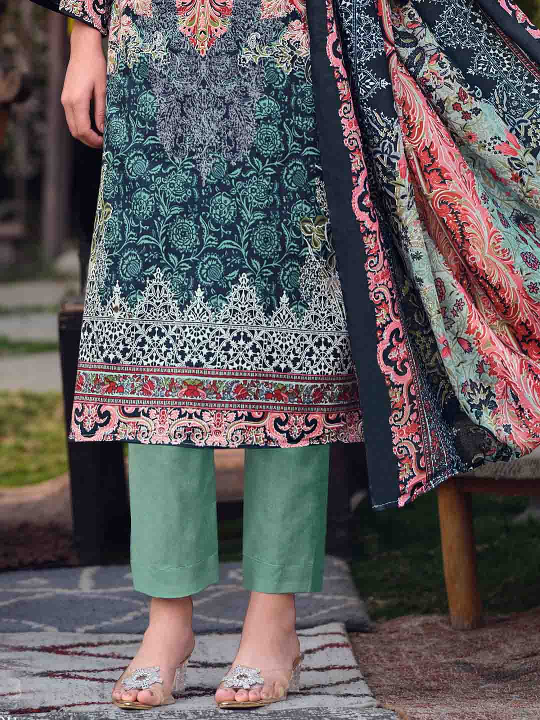 Green Pakistani Print Unstitched Pure Cotton Suit Dress Material