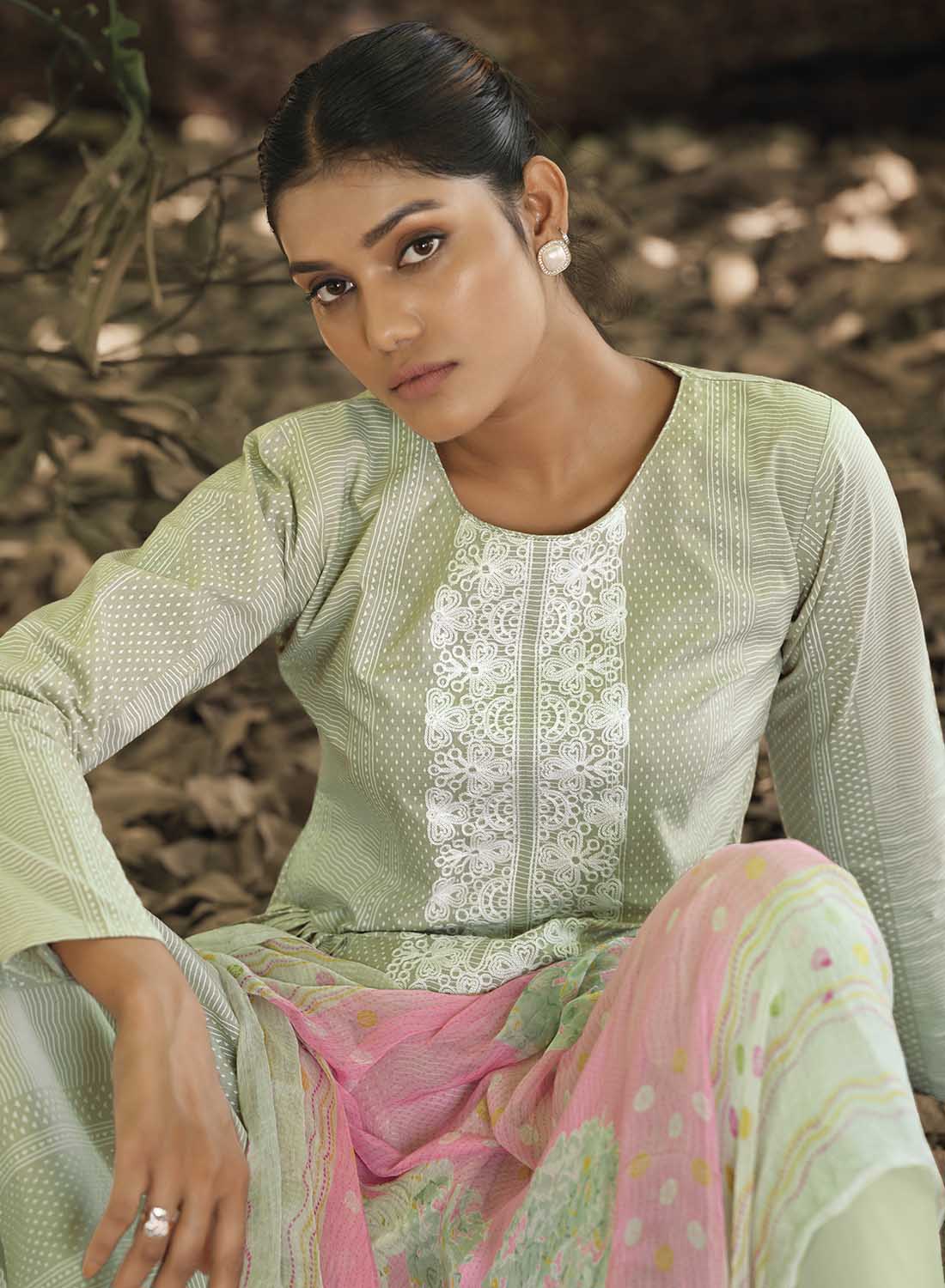 Women Unstitched Lawn Cotton Suit Dress Material with Chiffon Dupatta