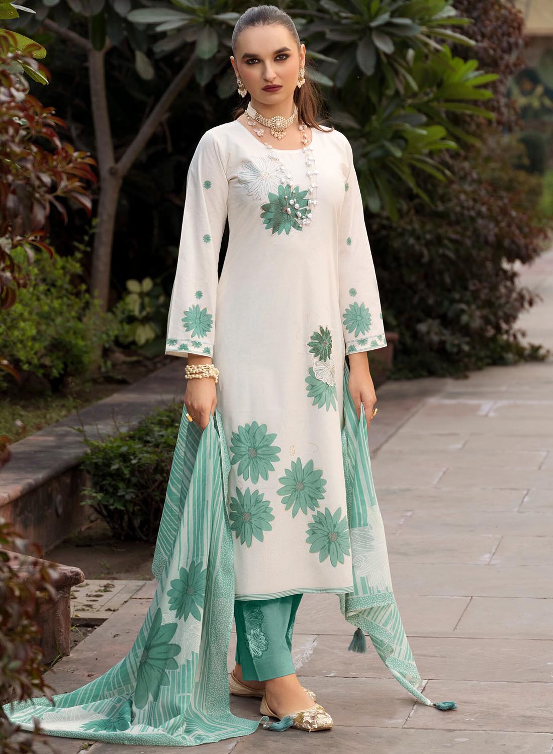 Designer Off-White Pure Lawn Cotton Embroidered Unstitched Suit for Women