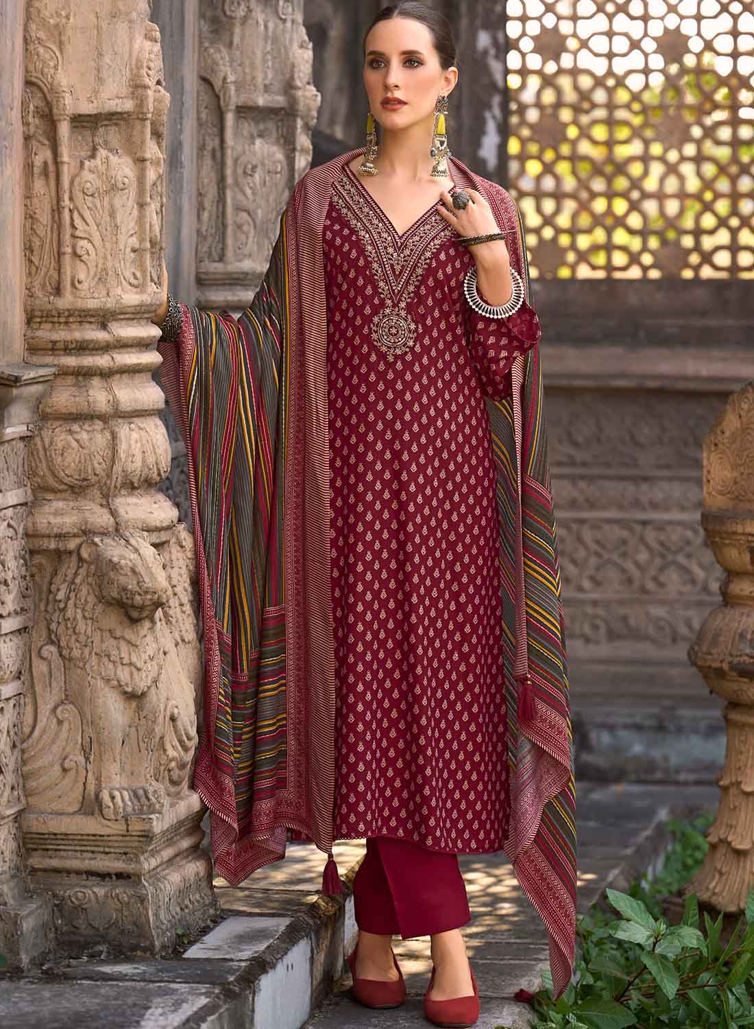 Red Party Wear Pashmina Unstitched Winter Salwar Suit Dress Material