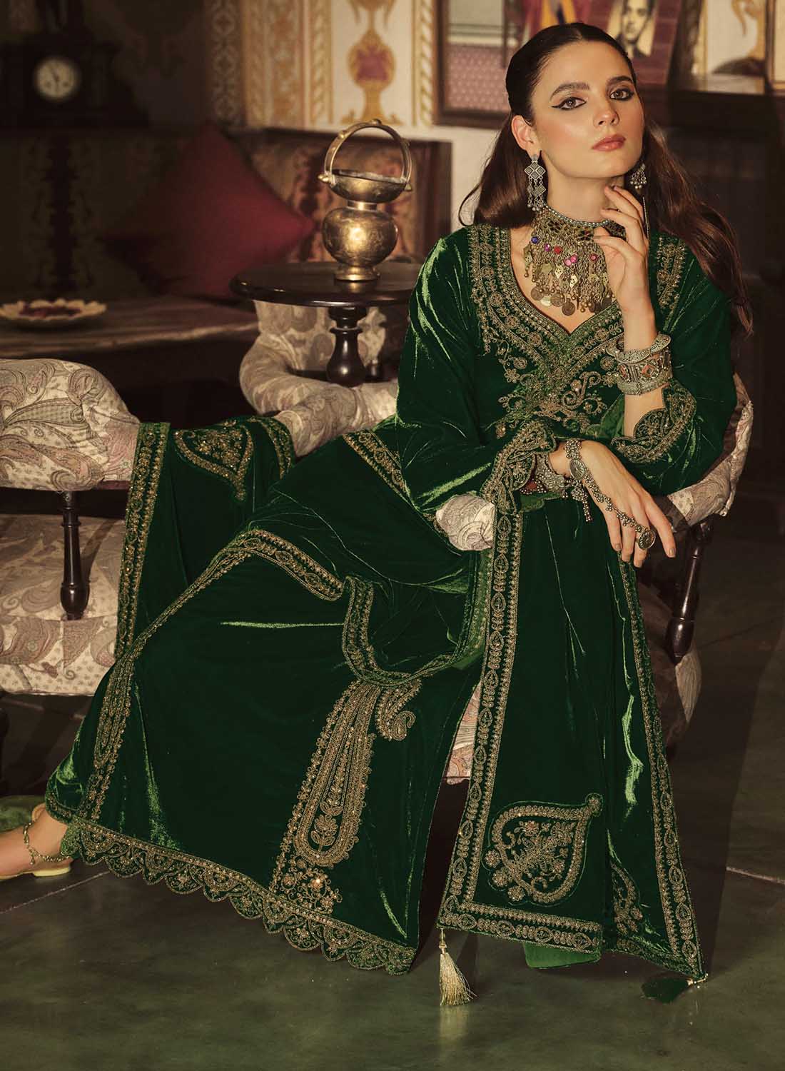 Green Party Wear Pakistani Unstitched Velvet Suit Dress Material