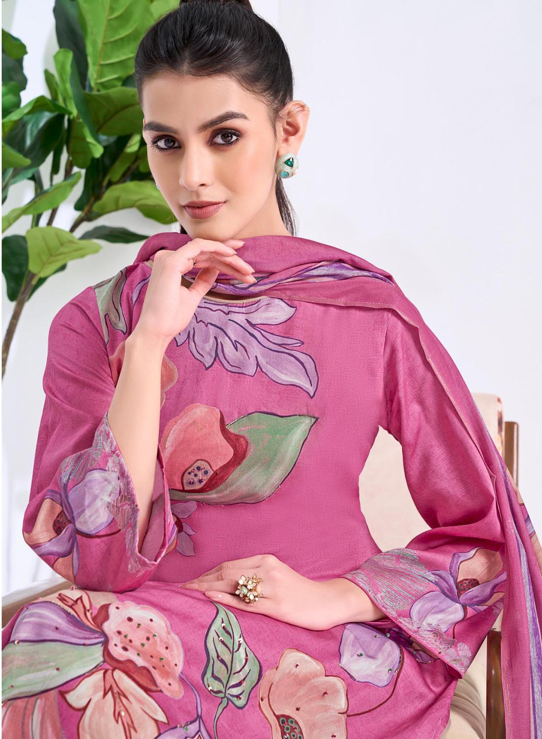 Pink Cotton Satin Printed Unstitched Salwar Suit Material with Dupatta