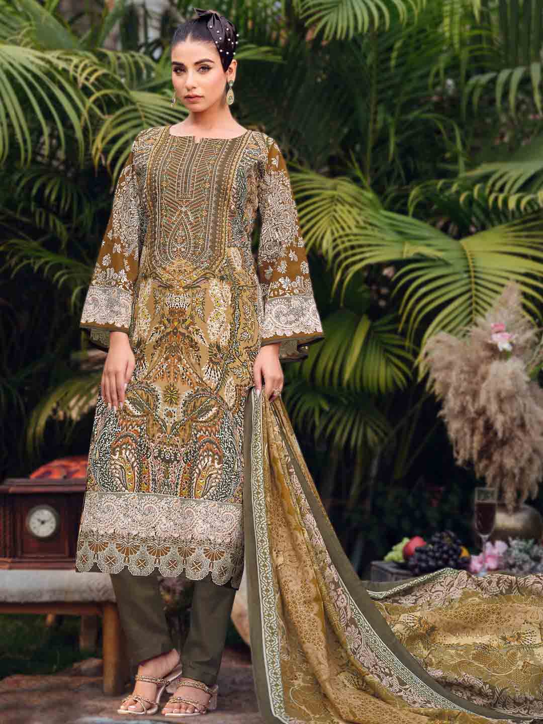 Pakistani Print Unstitched Pure Cotton Suit Material with Embroidery