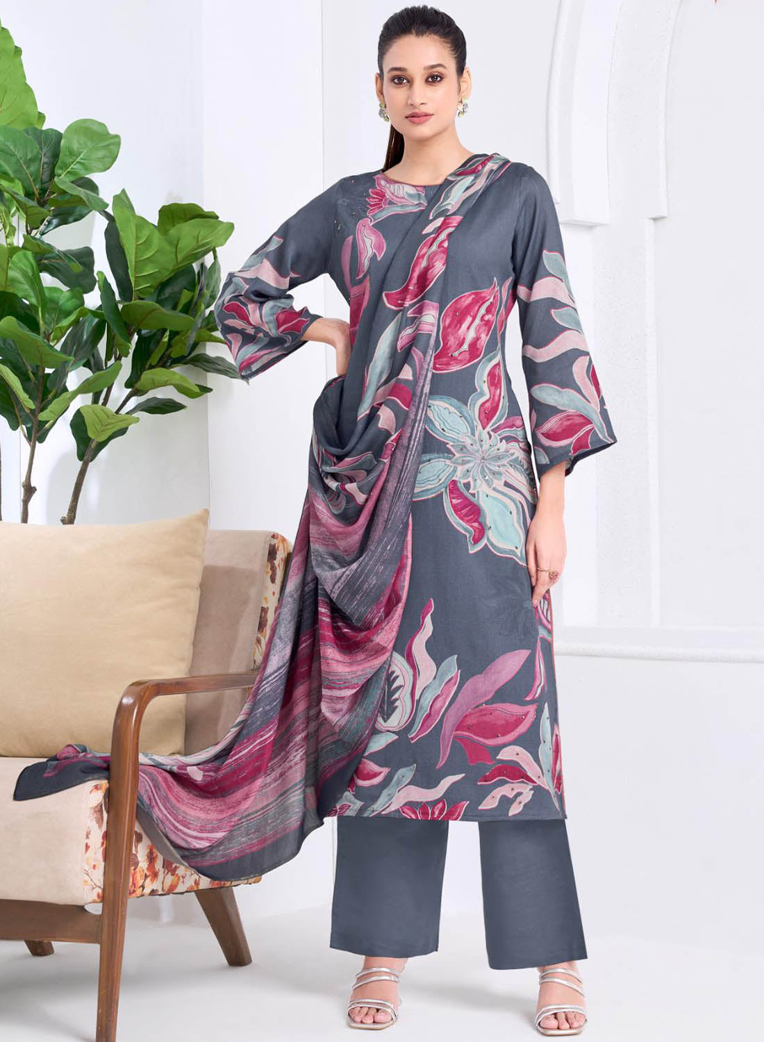 Grey Cotton Satin Printed Unstitched Salwar Suit Material with Dupatta