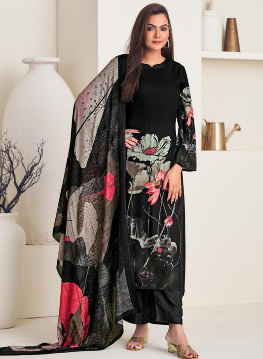 Party Wear Pure Viscose Muslin Black Unstitched Salwar Suit Material