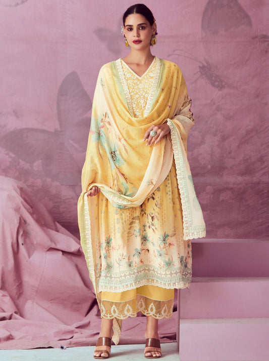 Kimora Pure Muslin Yellow Unstitched Suit Dress Material with Embroidery