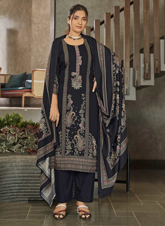 Black Viscose Pashmina Unstitched Winter Suit Material with Neck Embroidery