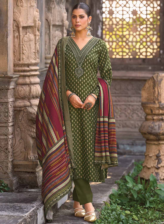 Green Party Wear Pashmina Unstitched Winter Salwar Suit Dress Material
