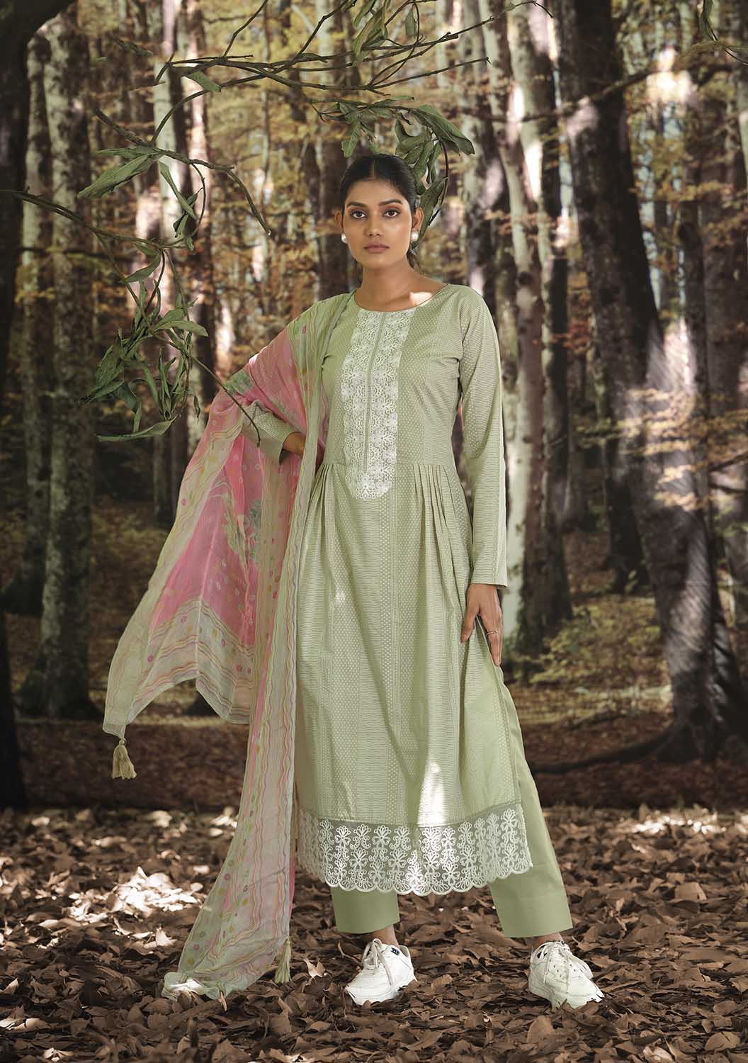 Ibiza Unstitched Women Light Green Suit Set with Embroidery IBIZA