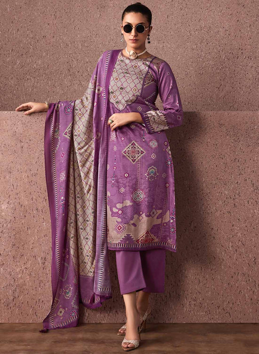 Purple Unstitched Cotton Salwar Suit Dress Material with Muslin Dupatta