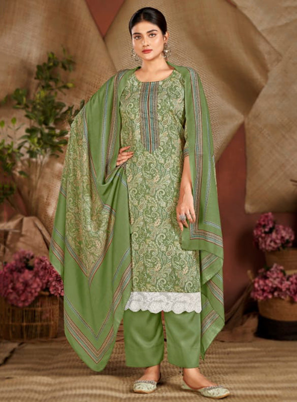 Rivaa Green Pure Cotton Satin Unstitched Salwar Suit Material for Women