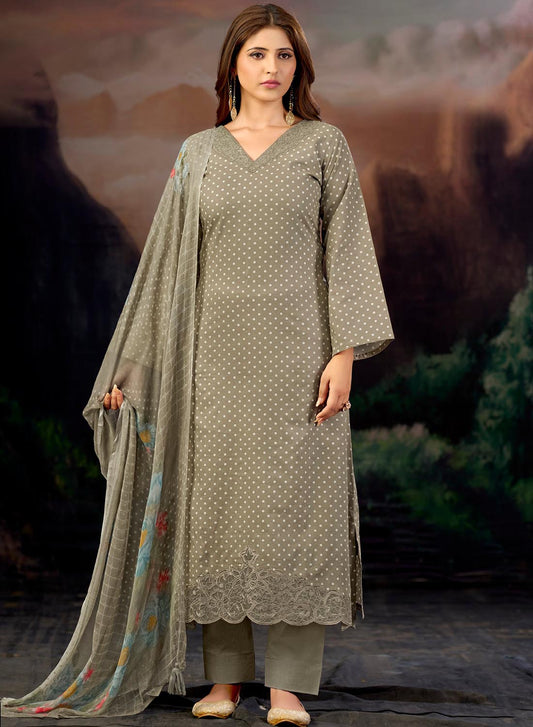 Grey Pure Lawn Cotton Unstitched Suit with Embroidery for Women
