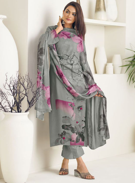 Grey Pashmina Unstitched Winter Suit Dress Material for Women
