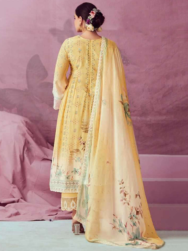 Kimora Pure Muslin Yellow Unstitched Suit Dress Material with Embroidery