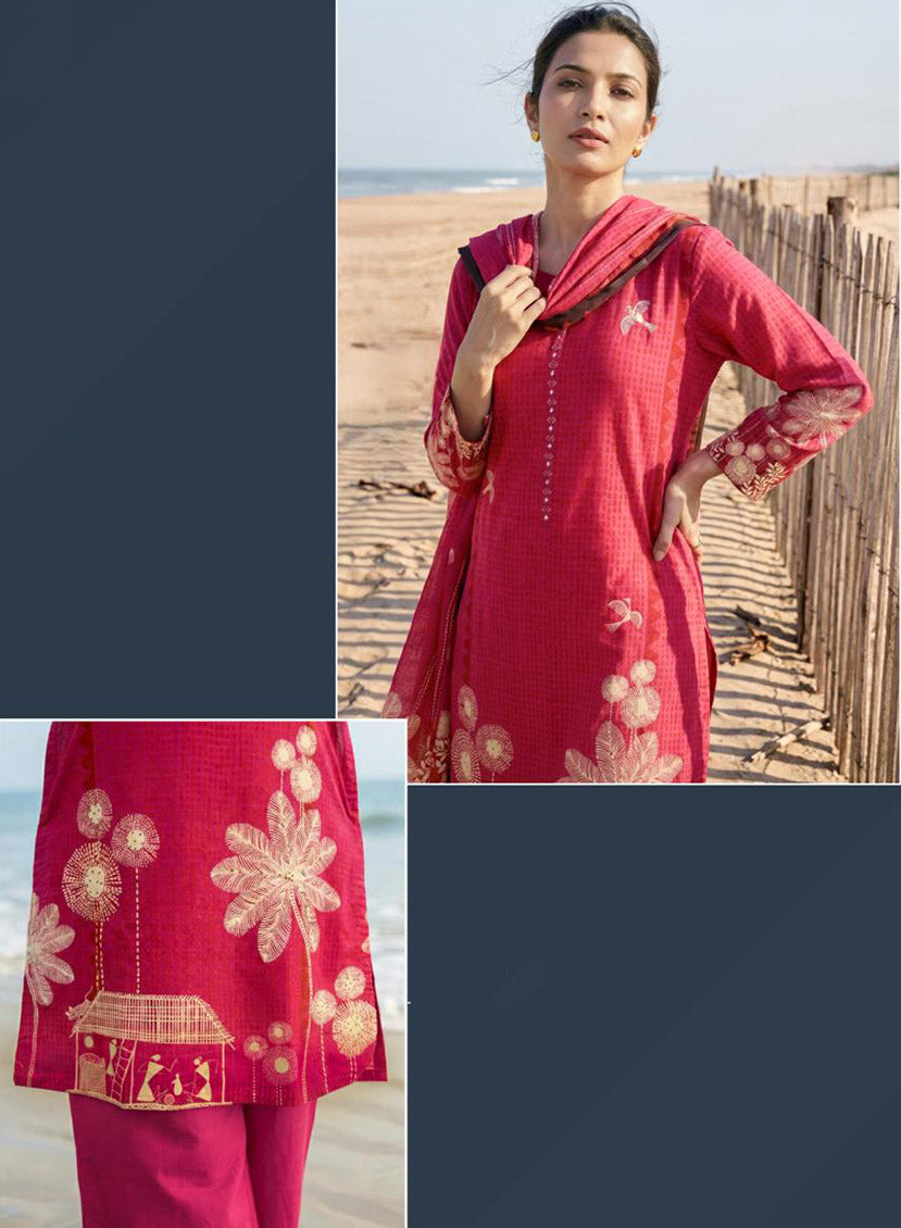 Pure Cotton Lawn Printed Pink Unstitched Salwar Suit for Women