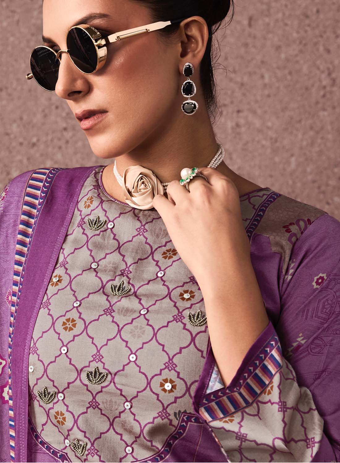 Purple Unstitched Cotton Salwar Suit Dress Material with Muslin Dupatta